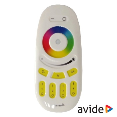 Comando remoto branco com roda de seleção de cores e botões amarelos com texto Avide