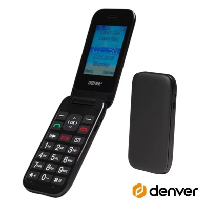Telefone móvel Denver flip preto com ecrã azul e teclado numérico grandes