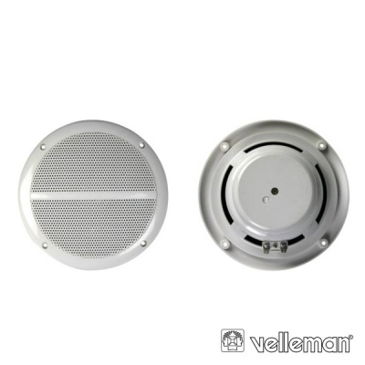 Dois altifalantes redondos brancos, um de frente com grelha, outro de trás, fundo branco, logo velleman