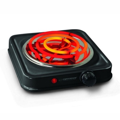 fogão elétrico portátil preto com resistência vermelha acesa