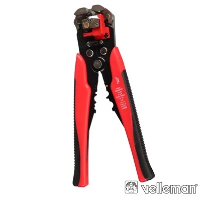 Alicate decapador de fios vermelho e preto com texto branco e logótipo Velleman