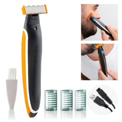 Aparelho de barbear elétrico preto e laranja com acessórios e uso no rosto.