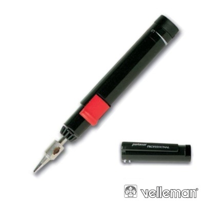 Caneta de solda elétrica preta com botão vermelho e tampa preta ao lado