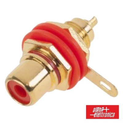Conector RCA fêmea dourado com anéis vermelhos e etiqueta 