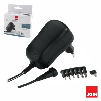 Transformador adaptador de corrente preto com múltiplos adaptadores de pontas e embalagem JOIN