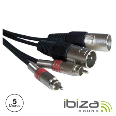Cabos audio com conectores RCA e XLR, cabo preto, etiqueta 5 Metros, logótipo ibiza SOUND