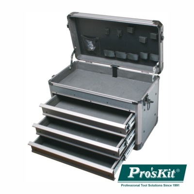 Caixa de ferramentas Pro'sKit metálica com quatro gavetas abertas