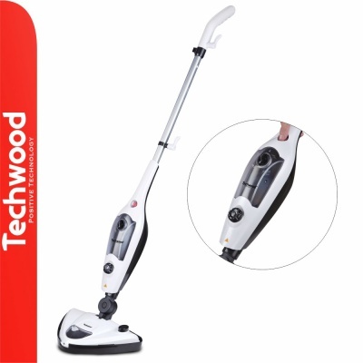 aspirador elétrico branco e preto Techwood com pega ergonómica e depósito transparente