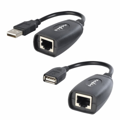 Adaptador USB preto com ficha USB tipo A e porta Ethernet RJ45