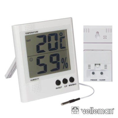 Termómetro e higrómetro digital branco com visor LCD e sonda externa