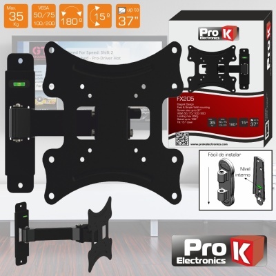 Suporte de parede para TV Pro K Electronics preto com embalagem e instruções