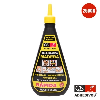 Cola branca para madeira QS Adhesivos em frasco preto com tampa amarela e texto colorido