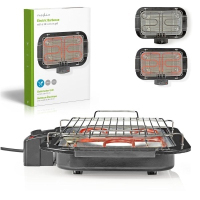 Barbecue elétrico preto com grelha metálica e sua caixa de embalagem branca com detalhes verdes