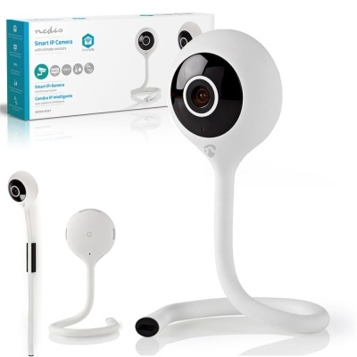 Câmara inteligente Nedis Smart IP Camera branca com suporte flexível e embalagem ao fundo