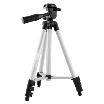 Tripé metálico para câmara com pernas ajustáveis e manípulo preto