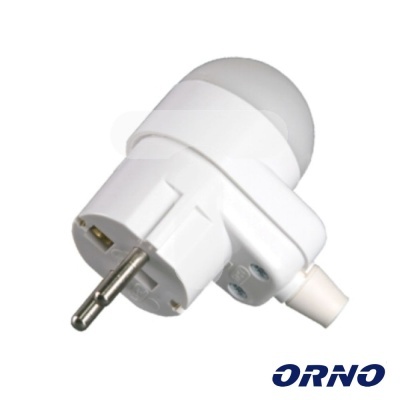 Tomada elétrica branca com pino metálico redondo e logotipo ORNO