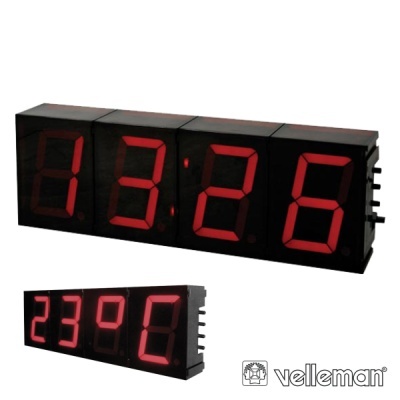 Relógio digital preto com números vermelhos e termómetro digital