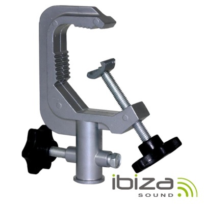 Abraçadeira metálica cinza com parafusos pretos e cinzentos, com logo Ibiza Sound