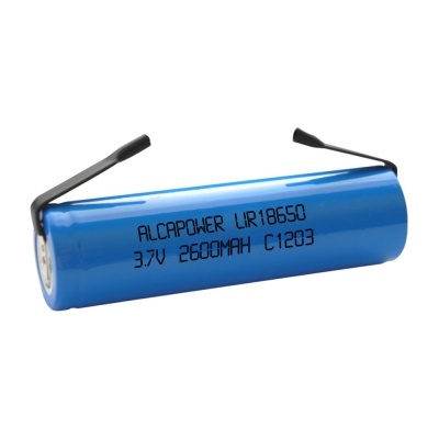 Bateria azul cylindrical ALCAPOWER com texto preto e terminais curvos pretos