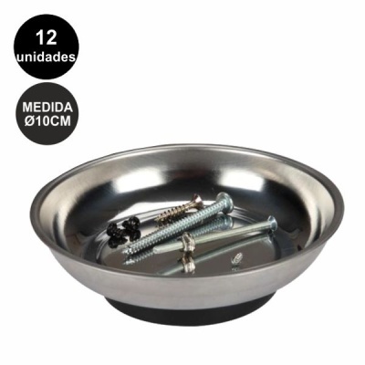 Bandeja magnética redonda de metal com parafusos e etiquetas de medidas e unidades