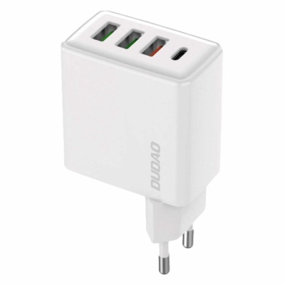 Carregador de parede branco com quatro portas USB e marca DUDAO