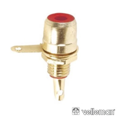Conector jack RCA fêmea dourado com indicação vermelha no topo