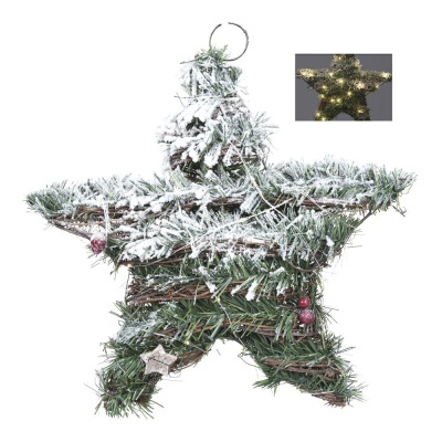 Estrela decorativa natalícia em palha com ramos verdes e neve artificial