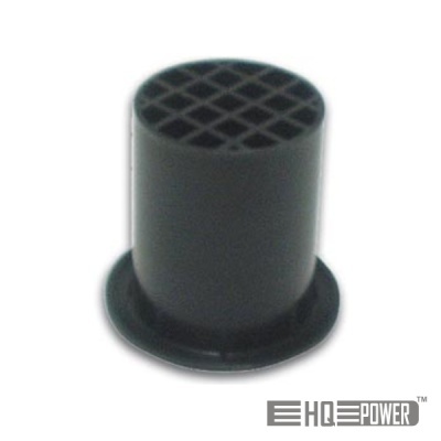 Peça plástica preta cónica com grade no topo e base circular.