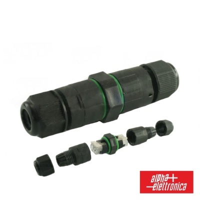 Conector elétrico preto com vedantes verdes desmontado sobre fundo branco e logo alpha+ elettronica