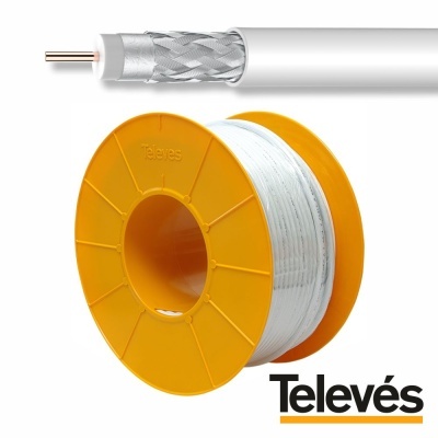 Bobina de cabo coaxial branco enrolada em bobina amarela e seção do cabo com condutor central e blindagem