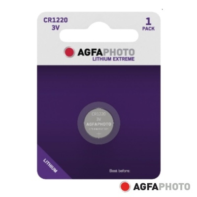 Bateria AGFA PHOTO Lithium Extreme CR1220 3V em embalagem roxa e branca