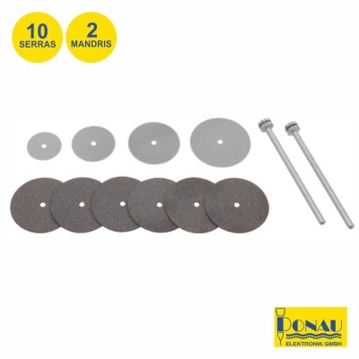 Conjunto de serras e mandris para ferramenta rotativa com embalagem e texto em amarelo