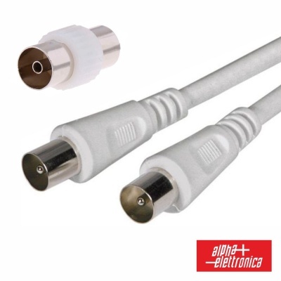 Cabo coaxial branco com conectores metálicos e adaptador coaxial com logotipo da marca