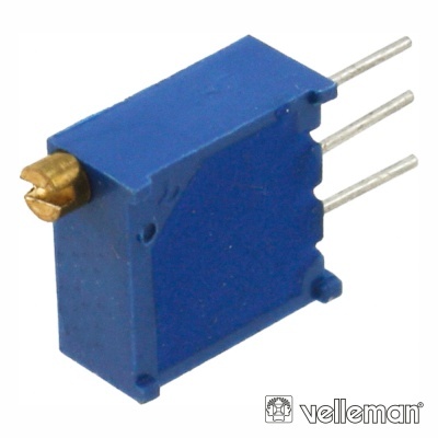 Componente eletrônico azul com três pinos e parafuso dourado