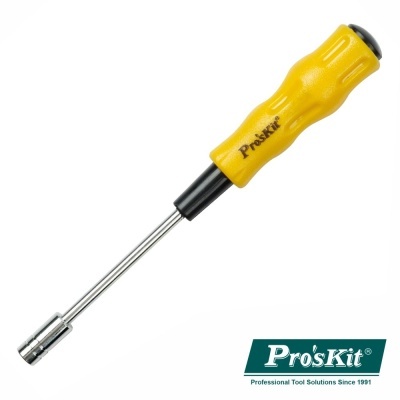 Chave de fendas Pro'sKit amarela com haste metálica e ponta magnética.