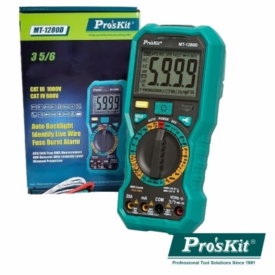 Multímetro digital Pro'sKit MT-1280D com ecrã e cabos em fundo branco