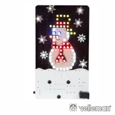 Placa eletrónica iluminada com desenho de boneco de neve e flocos de neve