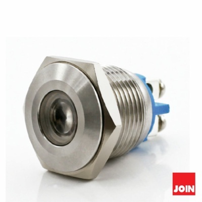 Interruptor de metal prateado com detalhes azuis sobre fundo branco e logótipo JOIN