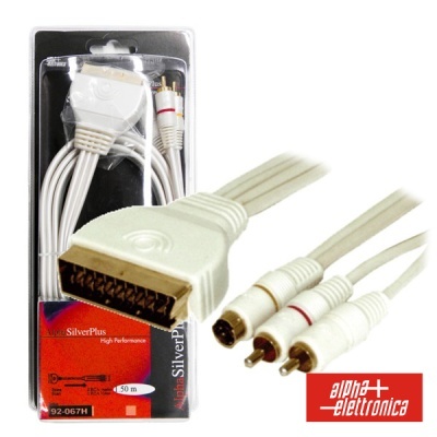 Cabo SCART para RCA branco em embalagem preta com rotulo vermelho e texto alpha elettronica