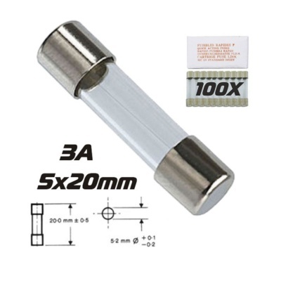 Fusível de vidro 3A 5x20mm com embalagem 100X