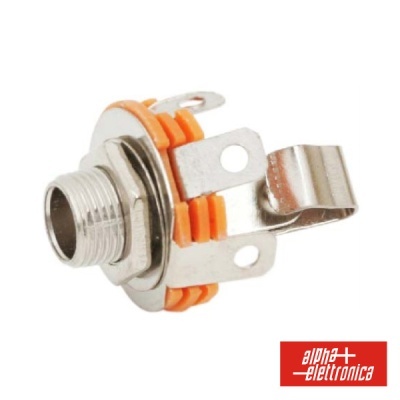 Conector jack metálico com isolamento laranja e marca alpha elettronica