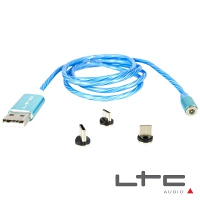 Cabo azul USB com adaptadores magnéticos e logótipo LTC AUDIO