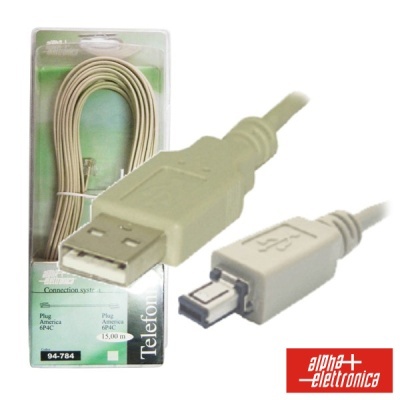 Cabo USB creme com conectores USB-A e USB-mini embalado com cartão verde e logótipo alpha elettronica