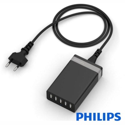 Carregador preto PHILIPS com cabo e cinco portas USB