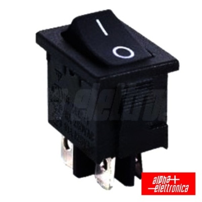 Interruptor de botão preto com símbolos I e O e terminais metálicos