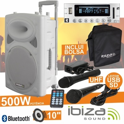 Coluna portátil Ibiza Sound branca com microfones, controlo remoto e bolsa preta