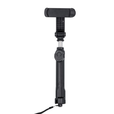 Selfie stick preto com suporte ajustável para telemóvel