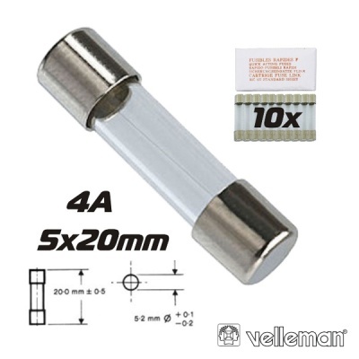 Fusível de vidro transparente cilíndrico com terminais metálicos e embalagem com 10 unidades, texto 4A 5x20 mm e marca velleman