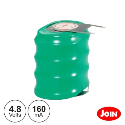 Bateria verde com textura ondulada e terminal metálico, texto de voltagem e corrente e logótipo JOIN