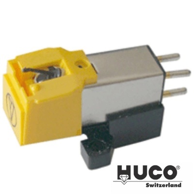 Cartucho para gira-discos amarelo e metálico com marca HUCO Switzerland